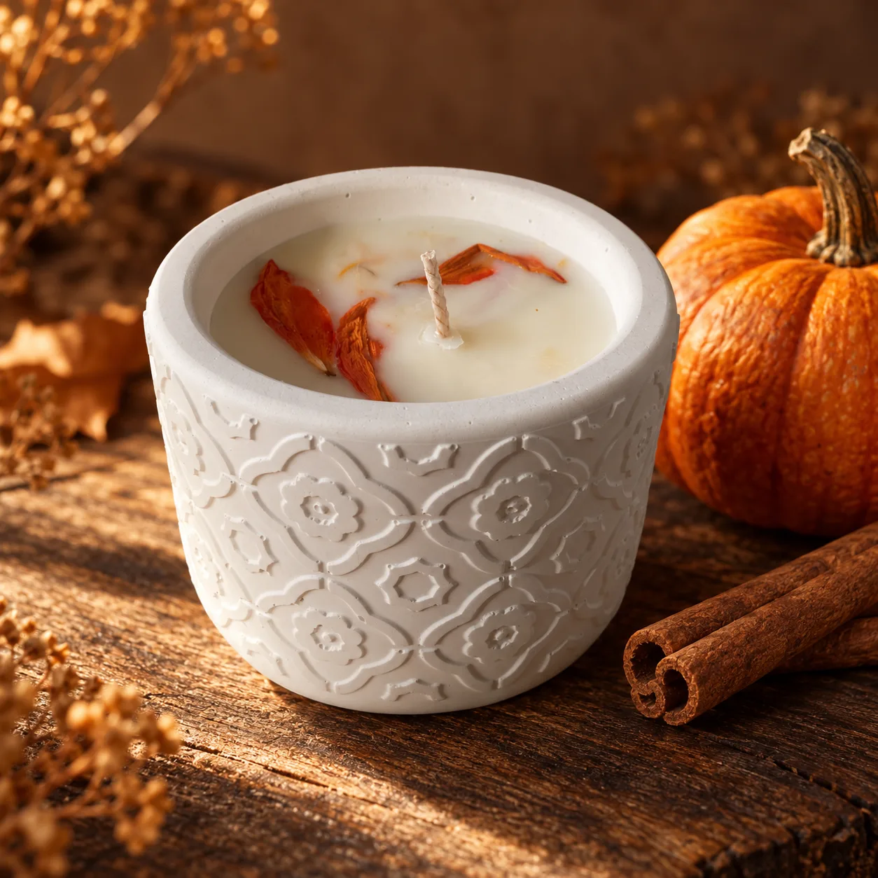 Die Herbst-Sonderedition Pumpkin Spice auf altem Holz neben einem kleinen Kürbis und Zimtstangen